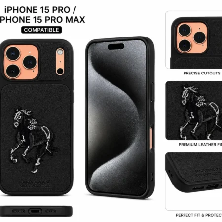 iPhone 15 Pro Max black case with embossed deer emblem design