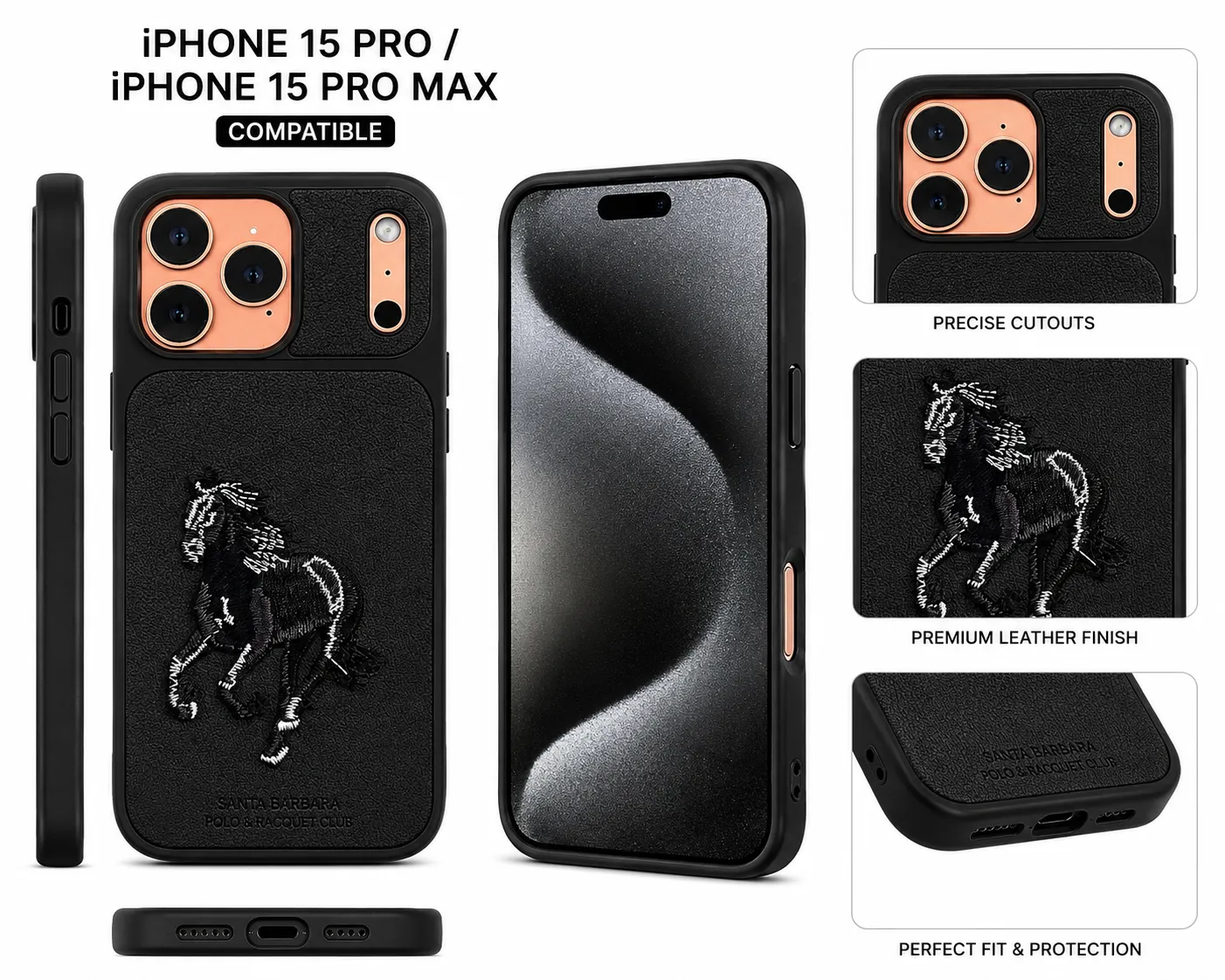 iPhone 15 Pro Max black case with embossed deer emblem design