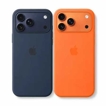 iPhone 17 silicone case in midnight blue and orange color with camera protection